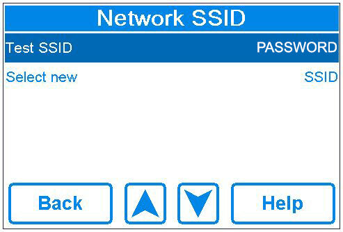 Network SSID screen, says test SSID password on the top row and select new and SSID on the row below that with arrows to toggle between the rows