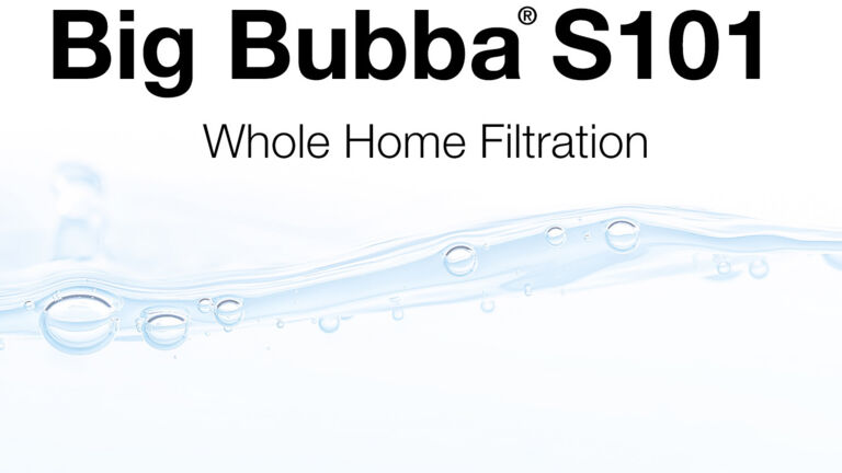 A picture of water against a white/pastel blue background to promote Big Bubba S101, a whole home filtration system. 
