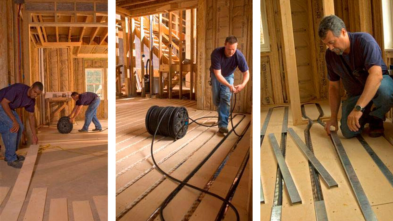 3 images side by side of workers installing flooring. 