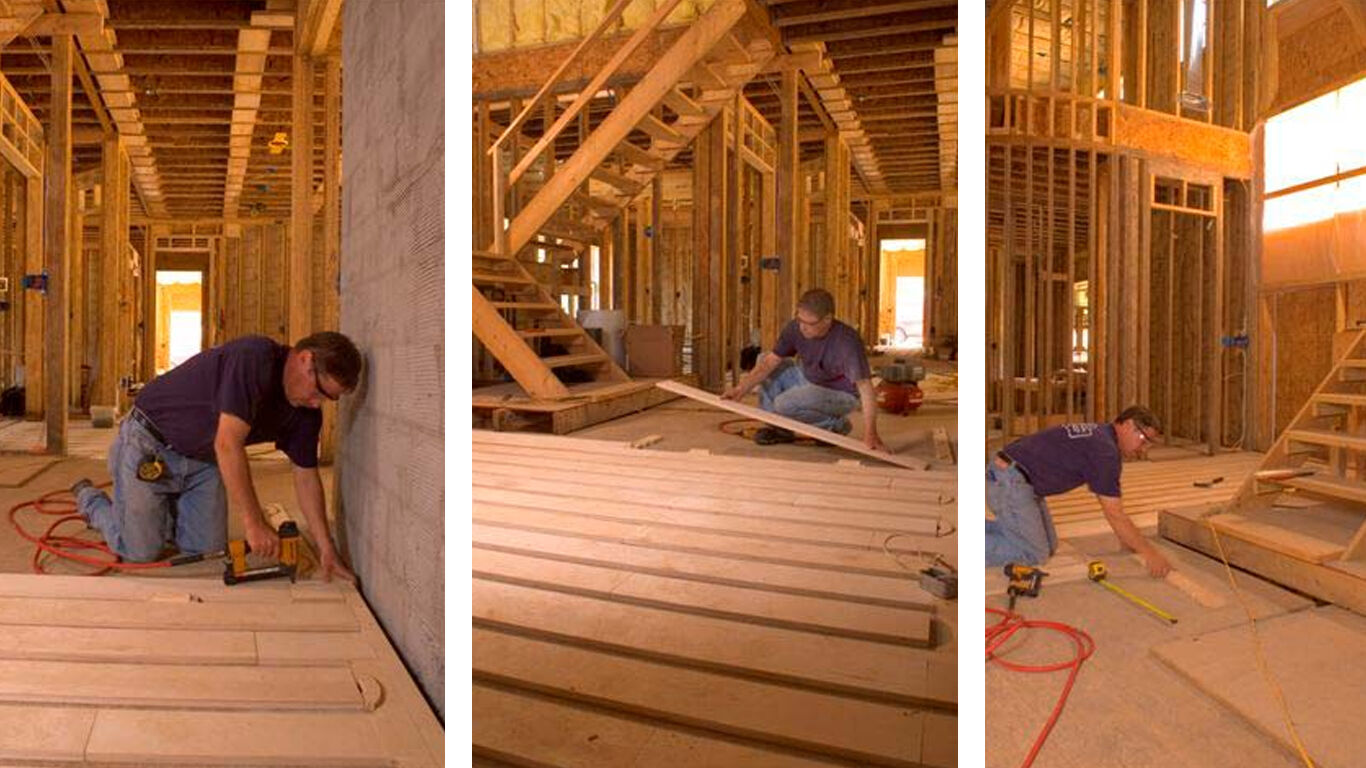 3 images side by side of workers installing flooring. 