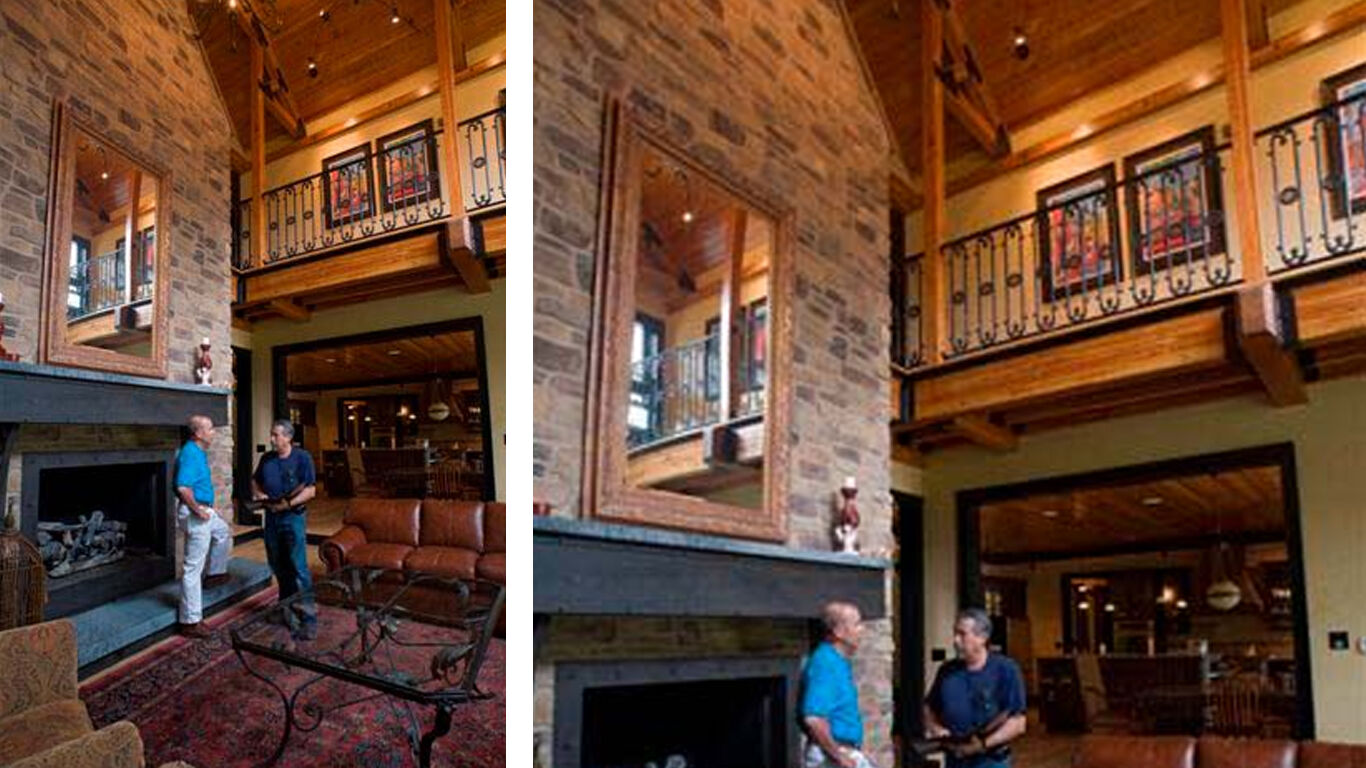 2 side by side images of a large living room with 2 men standing in it. 