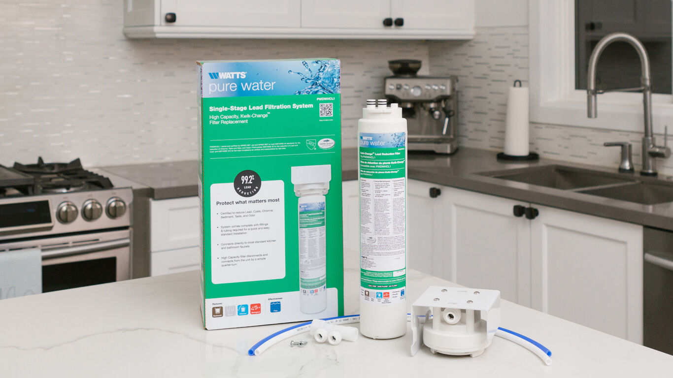 Watts pure water single-stage lead filtration system on a kitchen island