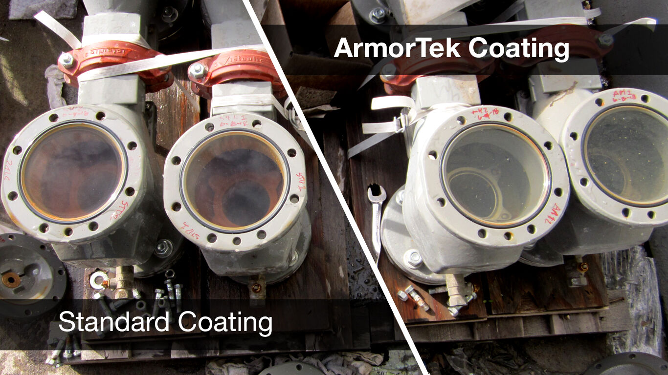 Split image of Armortek coating vs standard coating for pipes. 