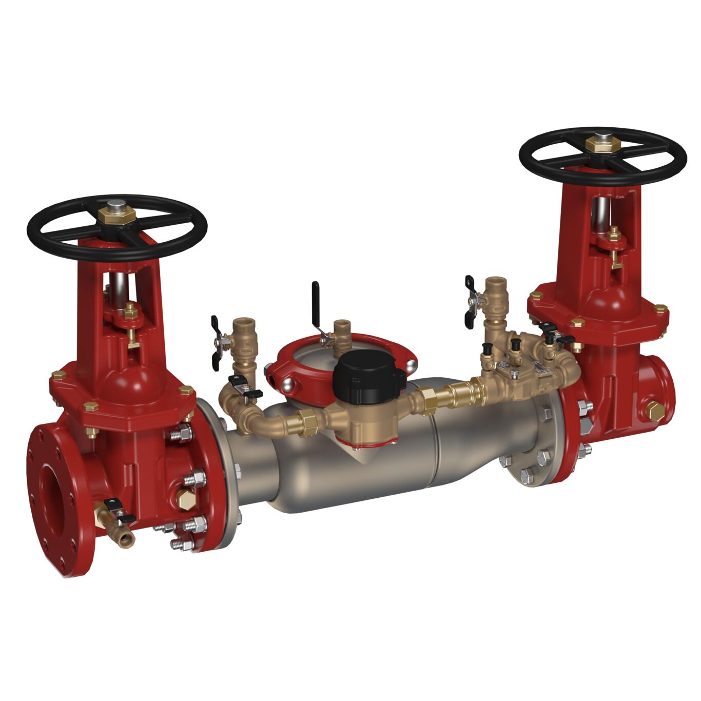 Product Image - Stainless Steel Double Check Detector Assembly Backflow Preventer, OSY Shutoffs, Flanged Inlet x Grooved Outlet, Meter, Short Lay Length