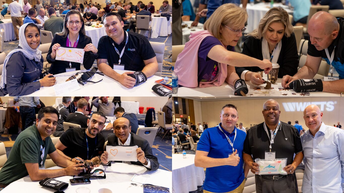 Collage of Watts employees celebrating Build-A-Hand meeting