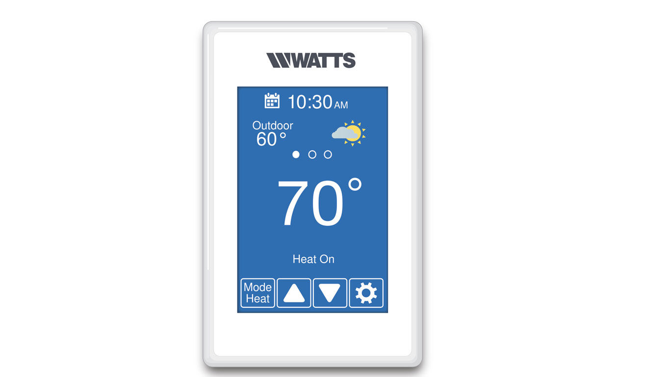 Image of Watts W561 white Thermostat showing the weather at 70 degrees and the time and date at the top with control buttons at the bottom. 
