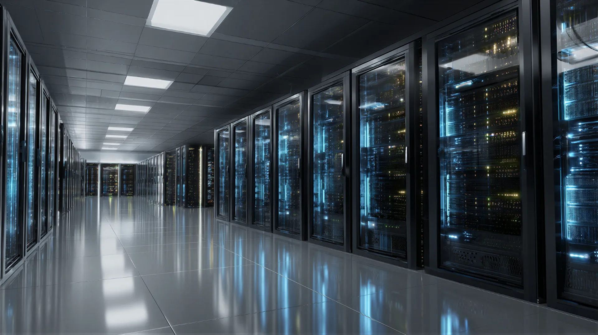 A modern data center server room with long rows of glass-front server racks lining both sides of a wide aisle. Blue indicator lights glow from the equipment behind the doors, while bright overhead ceiling panels illuminate the reflective floor, creating a clean, high-tech environment.