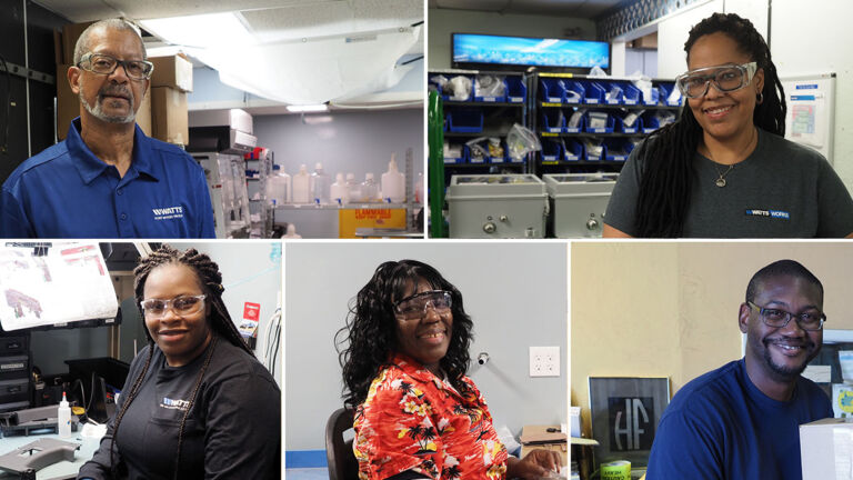 A compilation of various Watts employees smiling at the camera to promote diversity. They are each located in different work environments.