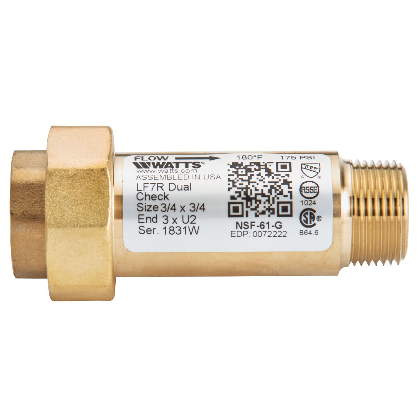 Product image 3/4 X 3/4 In Lead Free Residential Dual Check Valve, Male Npt Inlet X Union Female Npt Outlet