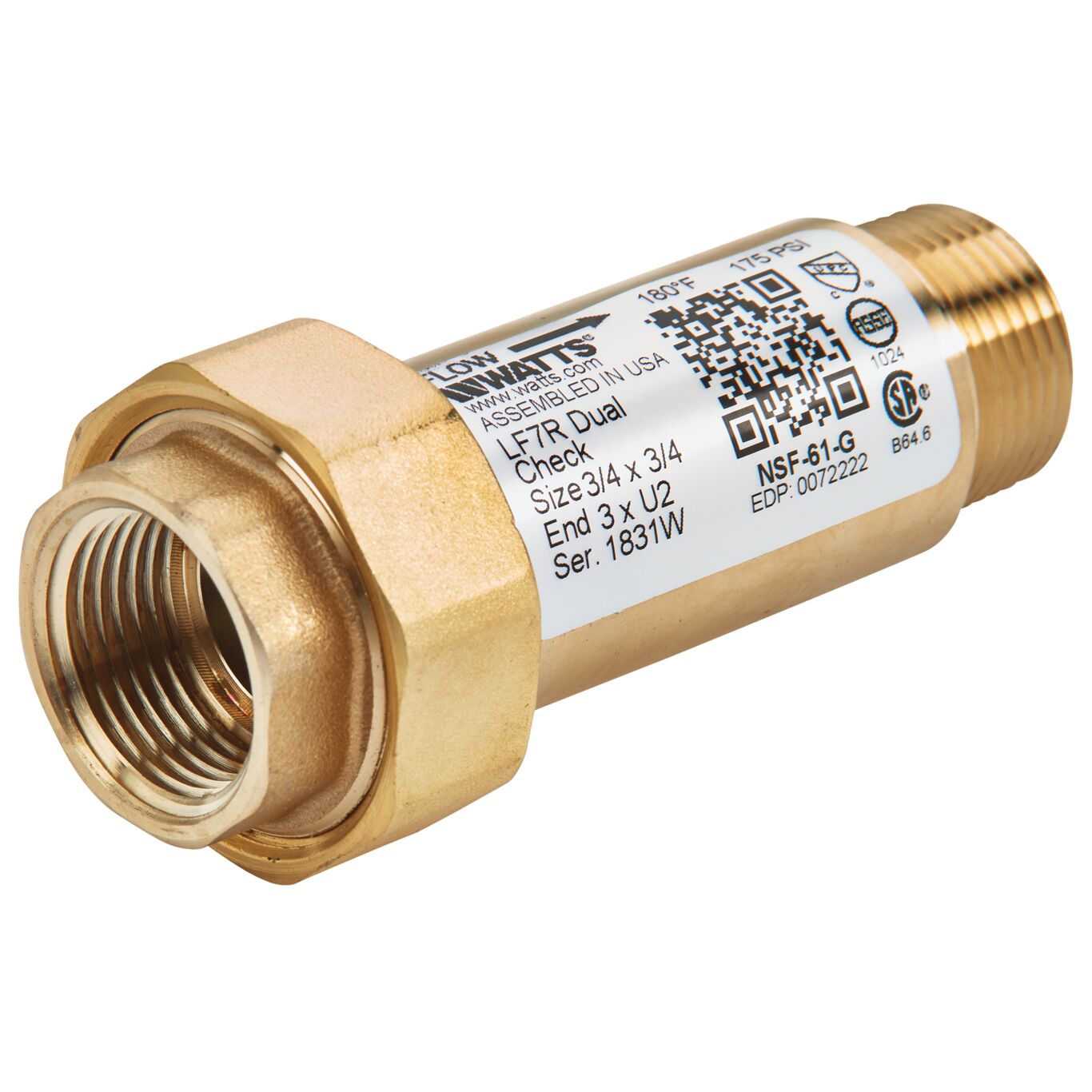 Product image 3/4 X 3/4 In Lead Free Residential Dual Check Valve, Male Npt Inlet X Union Female Npt Outlet