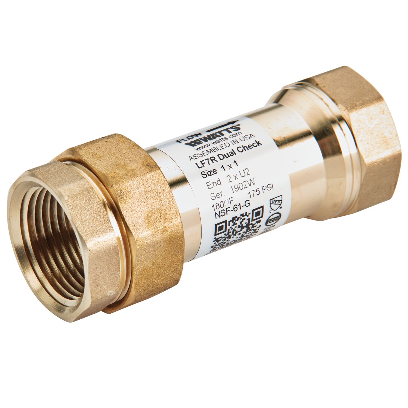 Proudct image 1 1/4 X 1 In Lead Free Dual Check Valve, Female Meter Thread Swivel Inlet X Union Male Npt Outlet