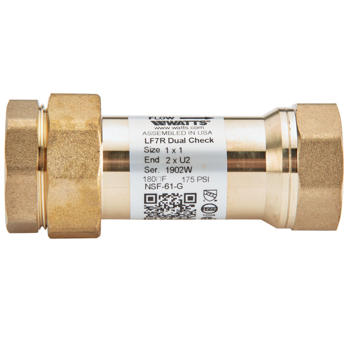 Proudct image 1 1/4 X 1 In Lead Free Dual Check Valve, Female Meter Thread Swivel Inlet X Union Male Npt Outlet