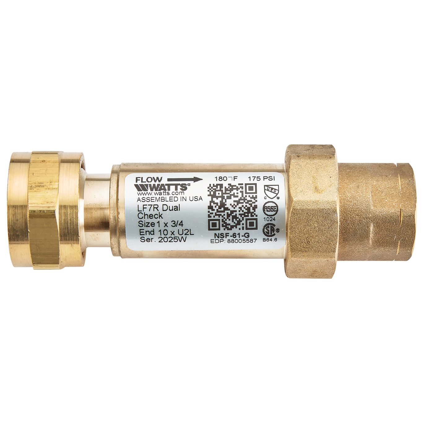 Product image 1 X 3/4 IN Lead Free Residential Dual Check Valve, Female Meter Thread Swivel Inlet X Longer Length Union Female NPT Outlet