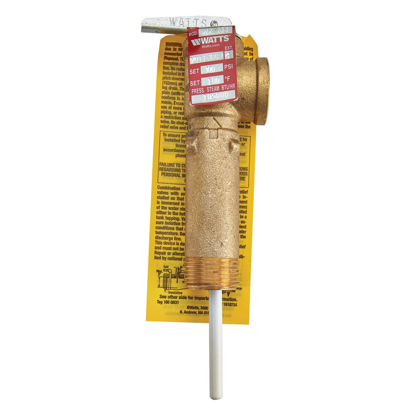 Product image 3/4 In Brass Self Closing Temperature And Pressure Relief Valve, 100 psi, 180 F, Extended Shank Up To 3 In Insulation