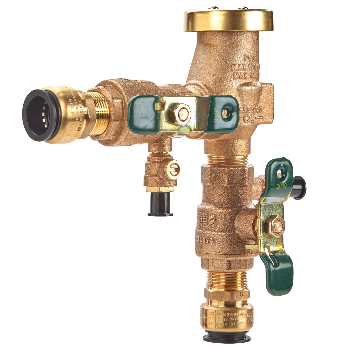 Product Image 3/4 In Bronze Anti-Siphon Pressure Vacuum Breaker, Quarter Turn Shutoff, Quick Connect Adapters, Tee Handles